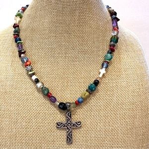 Multi-color Genuine Gemstone & Glass Bead Necklace w/ sterling silver cross .925